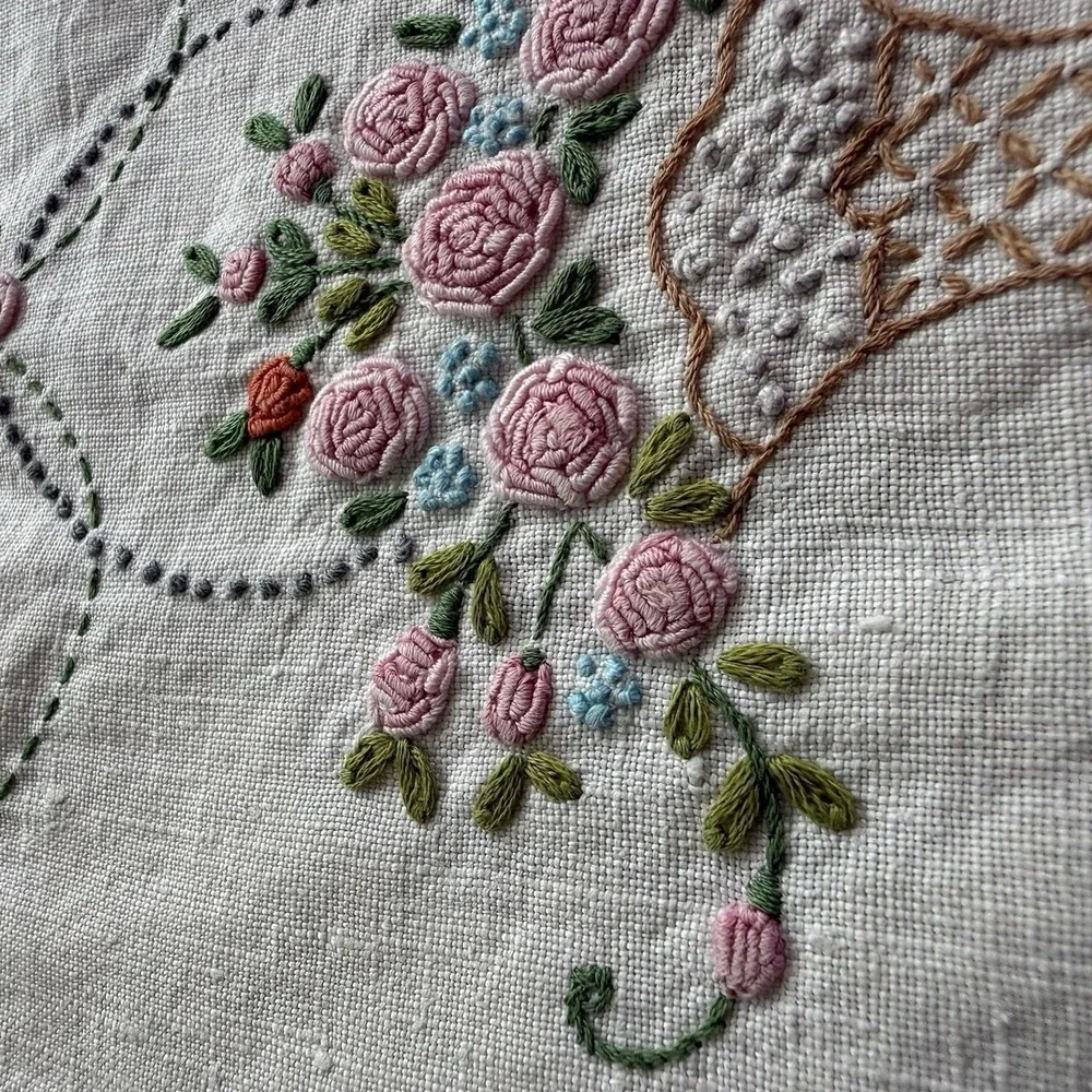 Vtg Embroidered Crochet Dresser Scarf Table Runner Flower Basket 39